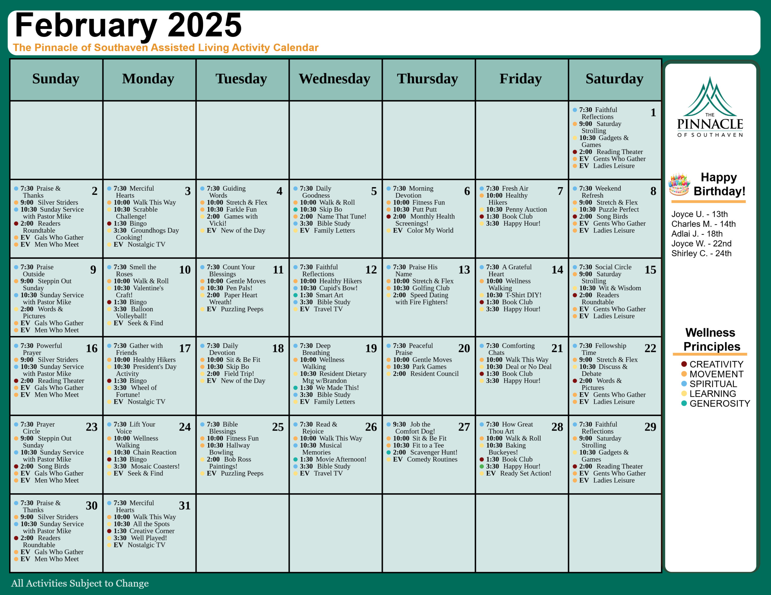 The Pinnacle of Southaven - Assisted Living and Memory Care - Events Assisted Living Calendar